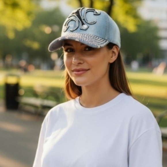 Light Denim Cap with Rhinestone Embellishments